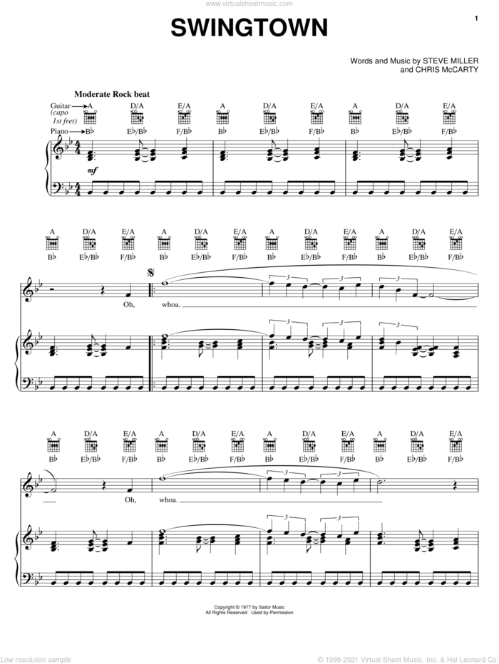 Swingtown sheet music for voice, piano or guitar by Steve Miller Band, Chris McCarty and Steve Miller, intermediate skill level