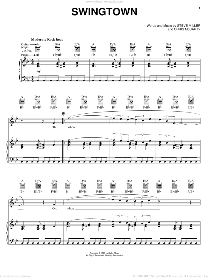 Swingtown sheet music for voice, piano or guitar by Steve Miller Band, Chris McCarty and Steve Miller, intermediate skill level