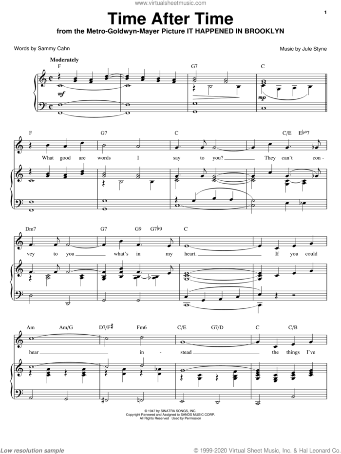 Time After Time sheet music for voice, piano or guitar by Frank Sinatra, Chet Baker, Frankie Ford, Sarah Vaughan, Jule Styne and Sammy Cahn, intermediate skill level