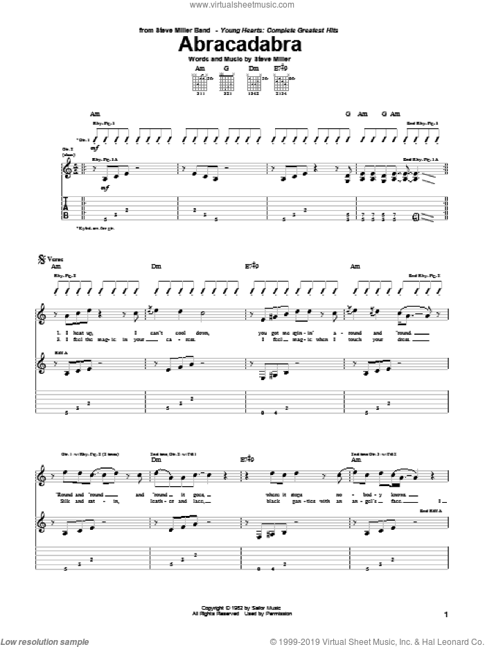 Abracadabra sheet music for guitar (tablature) by Steve Miller Band and Steve Miller, intermediate skill level