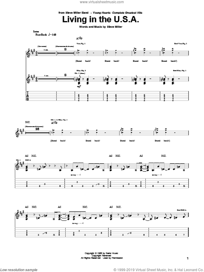 Living In The U.S.A. sheet music for guitar (tablature) by Steve Miller Band and Steve Miller, intermediate skill level
