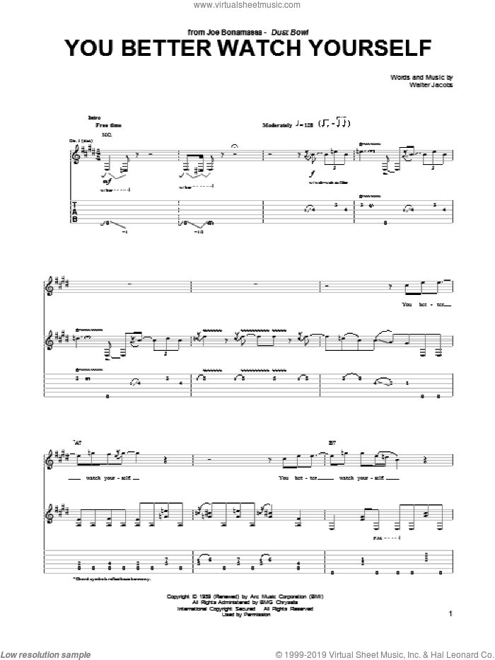 You Better Watch Yourself sheet music for guitar (tablature) by Joe Bonamassa and Walter Jacobs, intermediate skill level
