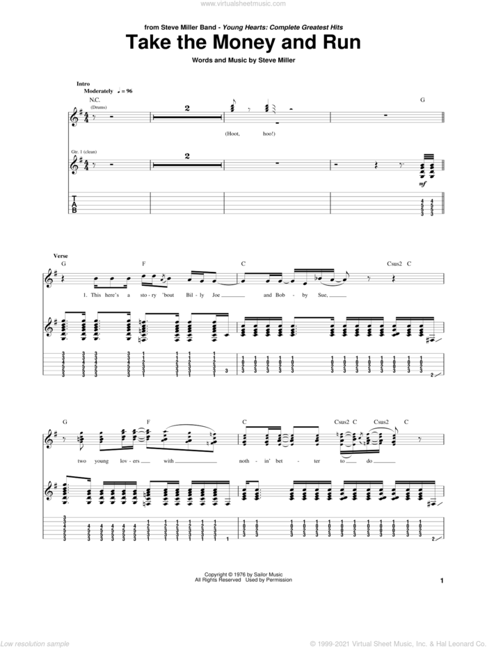 Take The Money And Run sheet music for guitar (tablature) by Steve Miller Band and Steve Miller, intermediate skill level
