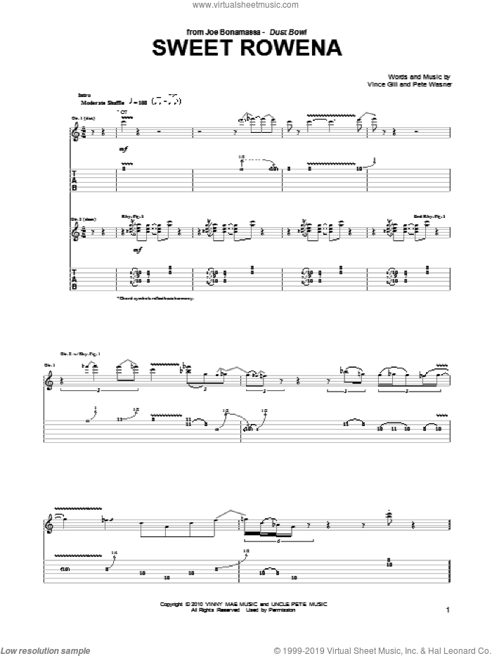 Sweet Rowena sheet music for guitar (tablature) by Joe Bonamassa, Pete Wasner and Vince Gill, intermediate skill level