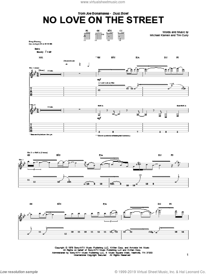 No Love On The Street sheet music for guitar (tablature) by Joe Bonamassa, Michael Kamen and Tim Curry, intermediate skill level