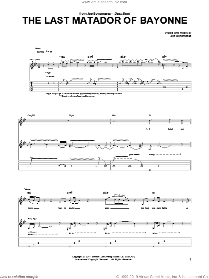 The Last Matador Of Bayonne sheet music for guitar (tablature) by Joe Bonamassa, intermediate skill level