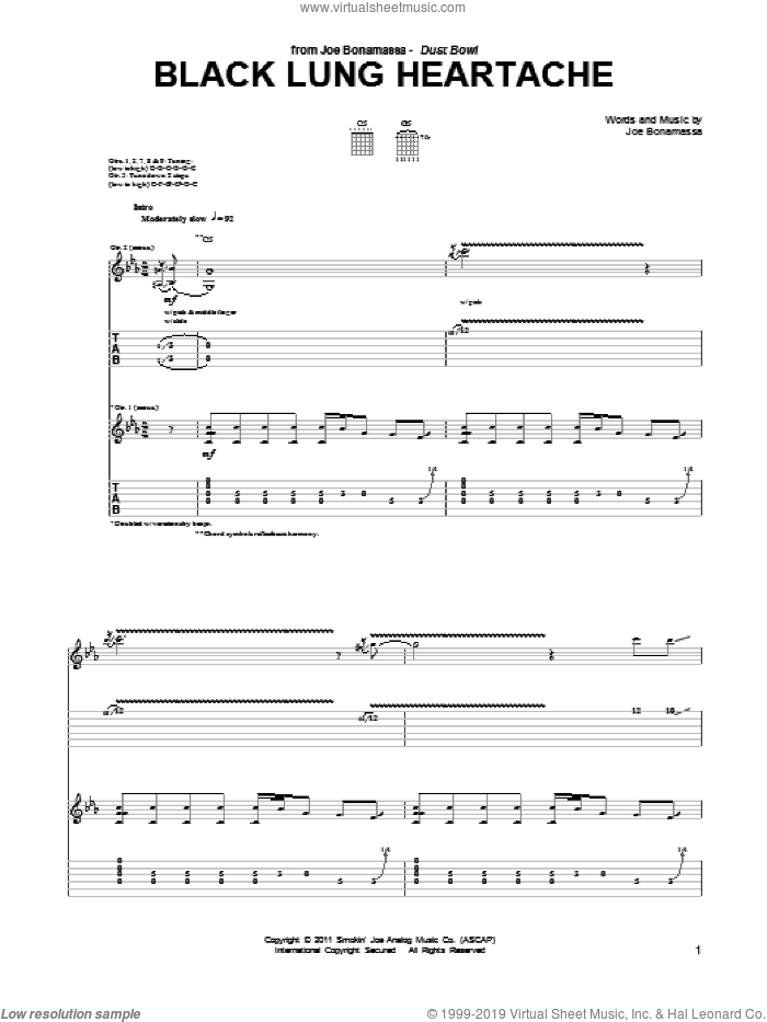 Black Lung Heartache sheet music for guitar (tablature) by Joe Bonamassa, intermediate skill level