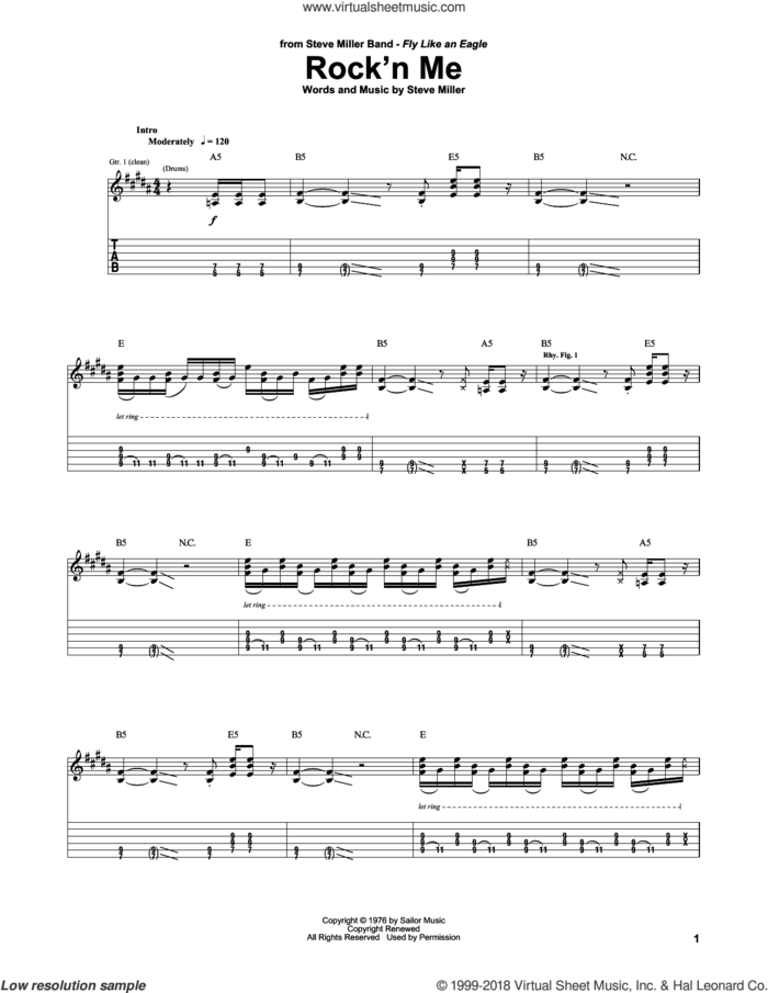 Rock'n Me sheet music for guitar (tablature) by Steve Miller Band and Steve Miller, intermediate skill level