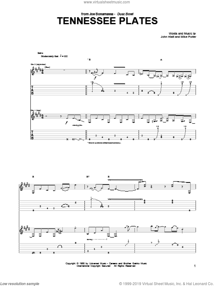Tennessee Plates sheet music for guitar (tablature) by Joe Bonamassa and Mike Porter, intermediate skill level