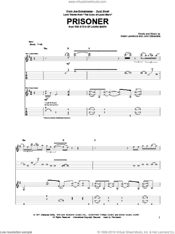 Love Theme From 'The Eyes Of Laura Mars' (Prisoner) sheet music for guitar (tablature) by Joe Bonamassa, John Desautels and Karen Lawrence, intermediate skill level