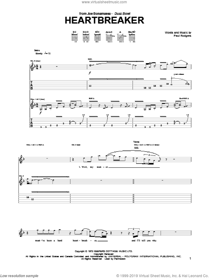 Heartbreaker sheet music for guitar (tablature) by Joe Bonamassa and Paul Rodgers, intermediate skill level
