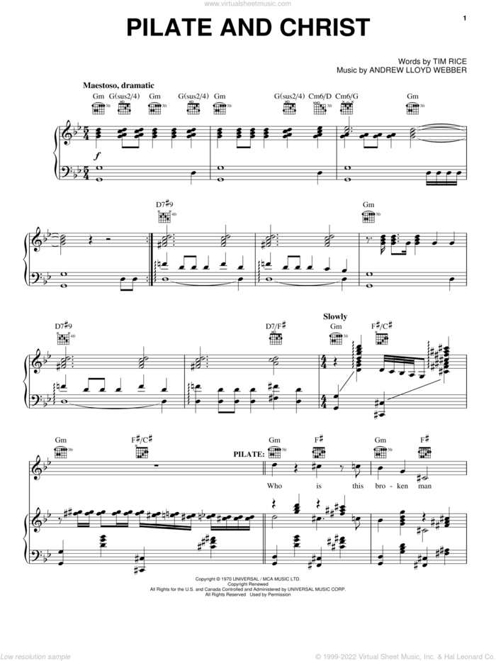 Pilate And Christ sheet music for voice, piano or guitar by Andrew Lloyd Webber, Jesus Christ Superstar (Musical) and Tim Rice, intermediate skill level