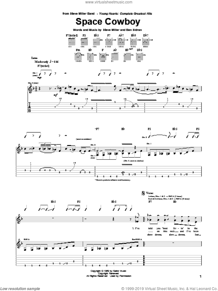 Space Cowboy sheet music for guitar (tablature) by Steve Miller Band, Ben Sidran and Steve Miller, intermediate skill level