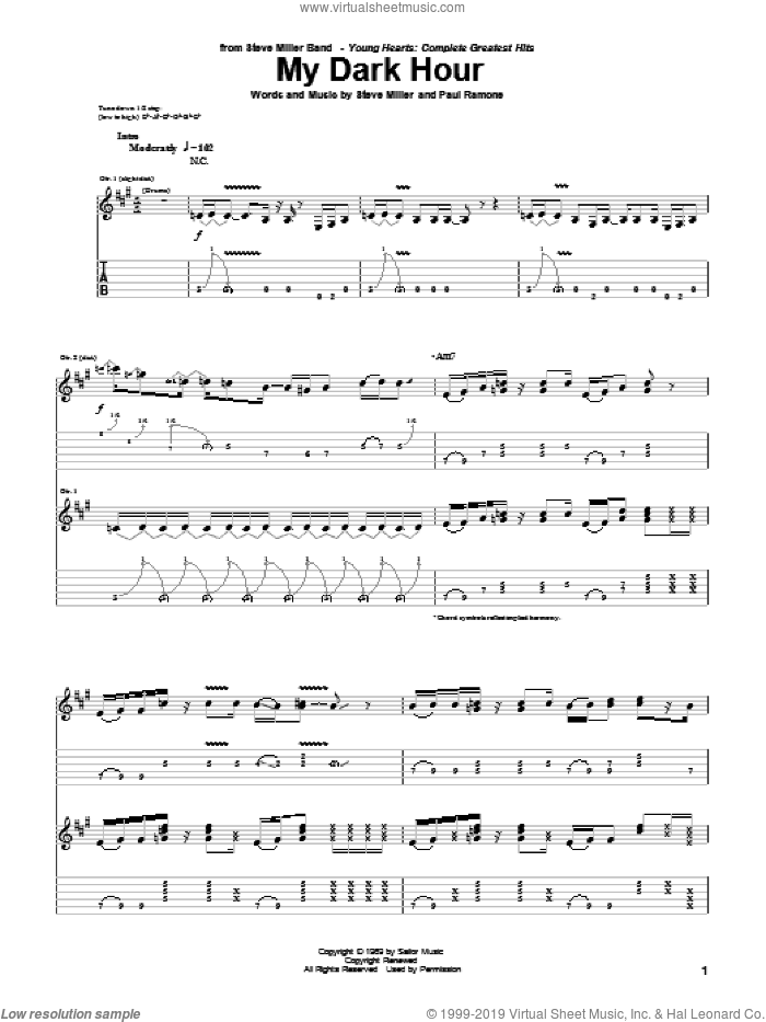 My Dark Hour sheet music for guitar (tablature) by Steve Miller Band, Paul Ramone and Steve Miller, intermediate skill level