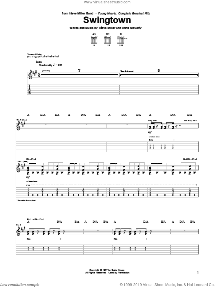 Swingtown sheet music for guitar (tablature) by Steve Miller Band, Chris McCarty and Steve Miller, intermediate skill level