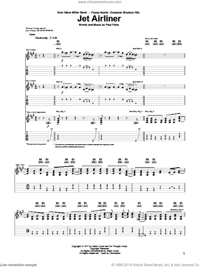Jet Airliner sheet music for guitar (tablature) by Steve Miller Band and Paul Pena, intermediate skill level
