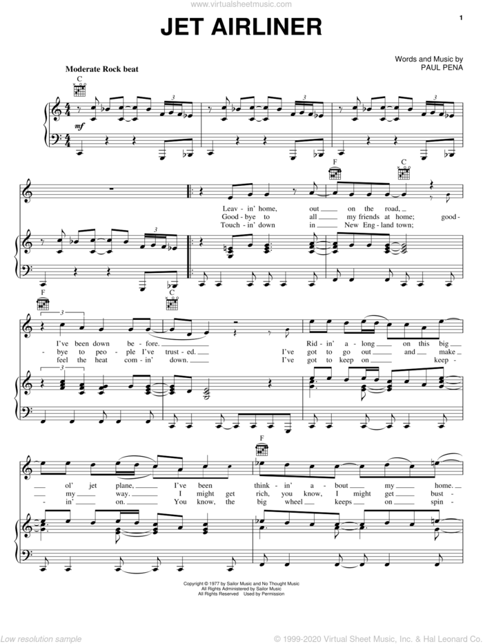 Jet Airliner sheet music for voice, piano or guitar by Steve Miller Band and Paul Pena, intermediate skill level