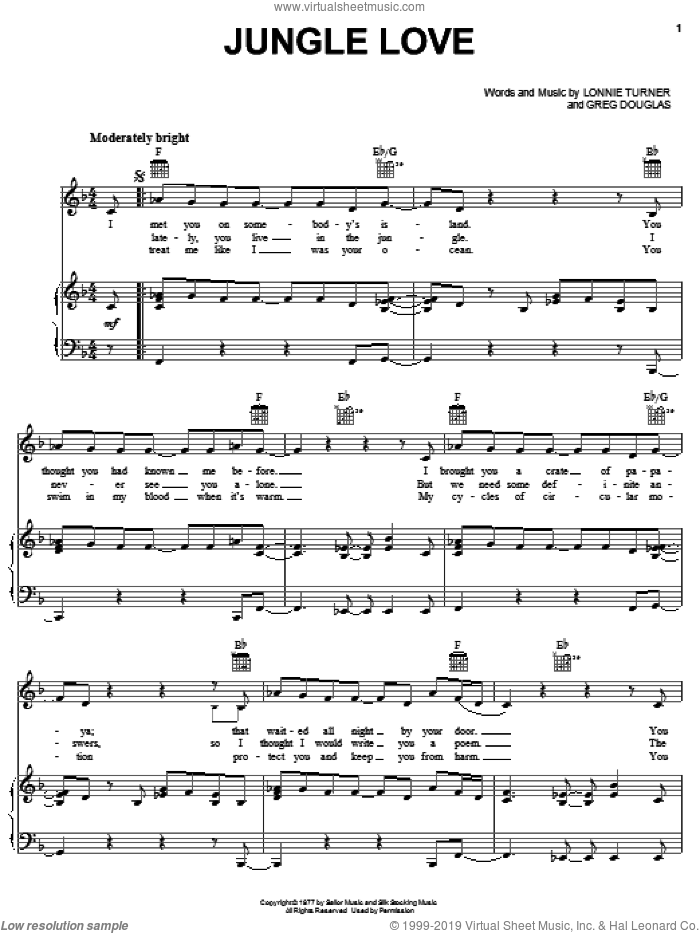 Jungle Love sheet music for voice, piano or guitar by Steve Miller Band, Greg Douglas and Lonnie Turner, intermediate skill level