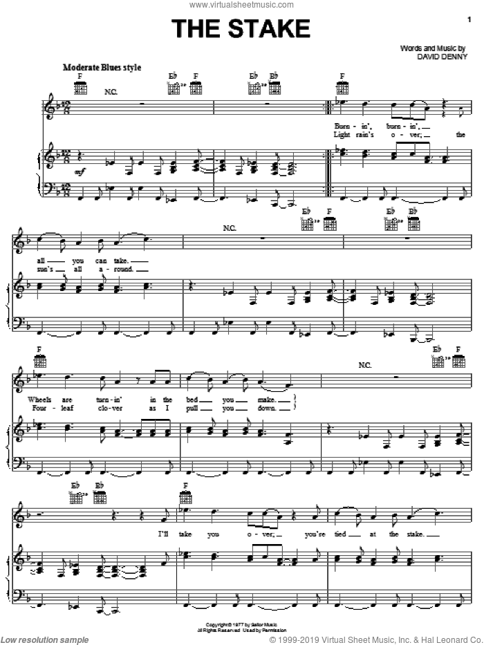 The Stake sheet music for voice, piano or guitar by Steve Miller Band and David Denny, intermediate skill level