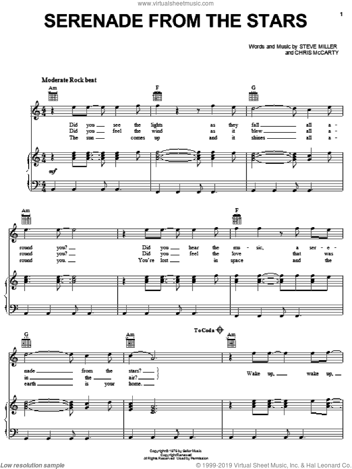 Serenade From The Stars sheet music for voice, piano or guitar by Steve Miller Band, Chris McCarty and Steve Miller, intermediate skill level