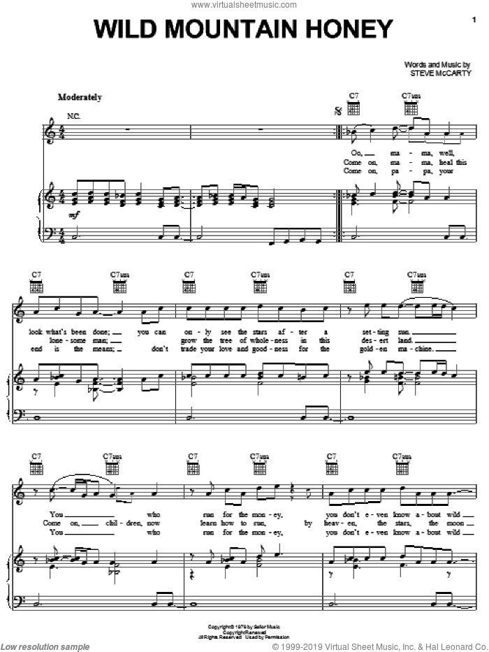 Wild Mountain Honey sheet music for voice, piano or guitar by Steve Miller Band and Steve McCarty, intermediate skill level