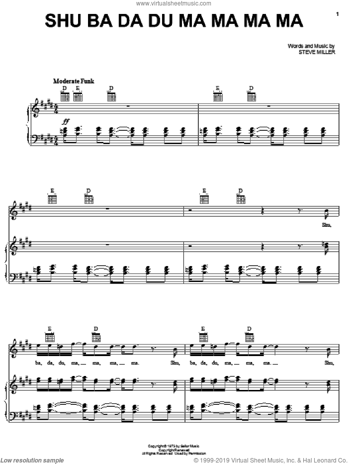 Shu Ba Da Du Ma Ma Ma Ma sheet music for voice, piano or guitar by Steve Miller Band and Steve Miller, intermediate skill level