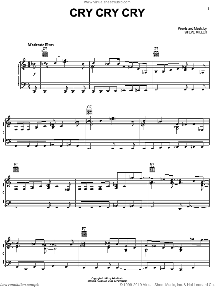 Cry Cry Cry sheet music for voice, piano or guitar by Steve Miller Band and Steve Miller, intermediate skill level