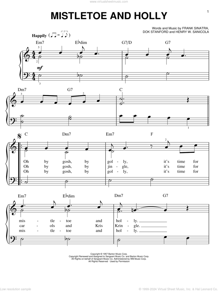 Mistletoe And Holly sheet music for piano solo by Frank Sinatra, Dok Stanford and Henry W. Sanicola, easy skill level