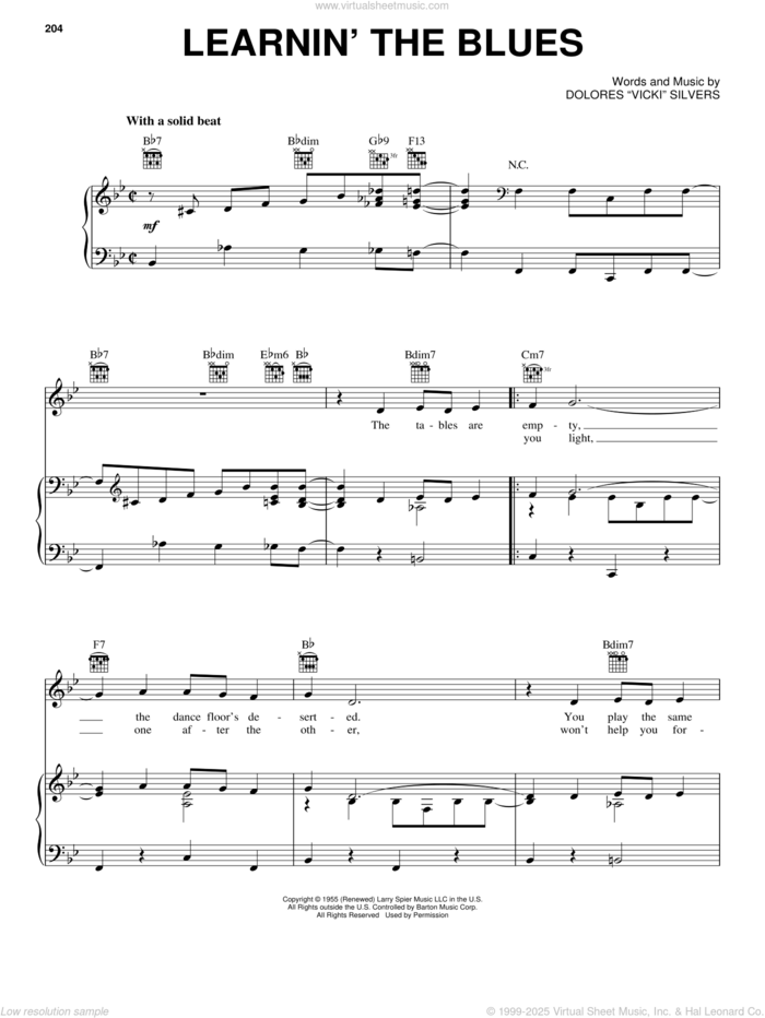 Learnin' The Blues sheet music for voice, piano or guitar by Frank Sinatra, Rosemary Clooney and Dolores Vicki Silvers, intermediate skill level