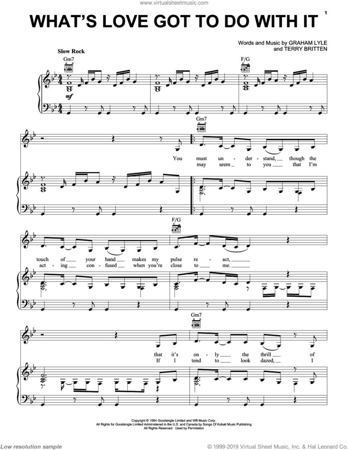 What's Love Got To Do With It sheet music for voice, piano or guitar by Tina Turner, Graham Lyle and Terry Britten, intermediate skill level