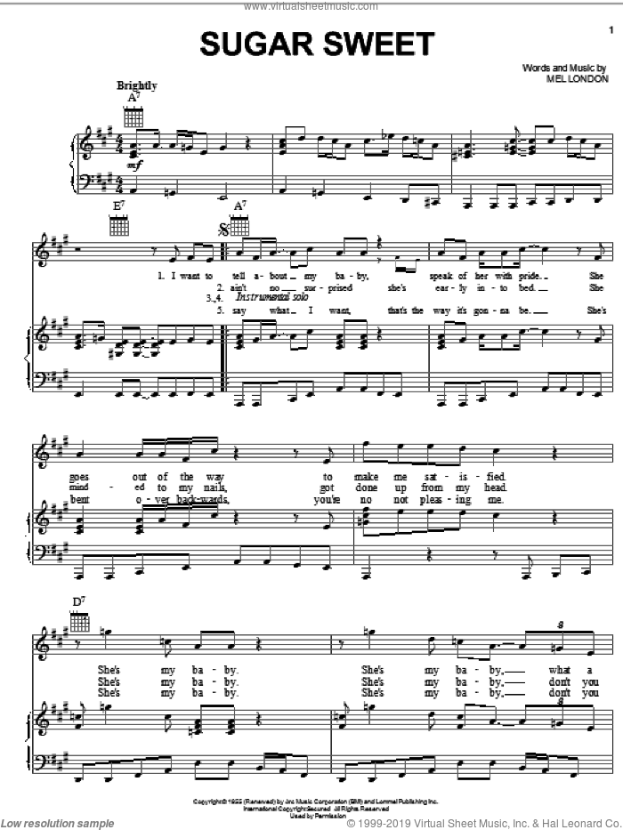 Sugar Sweet sheet music for voice, piano or guitar by Muddy Waters and Mel London, intermediate skill level