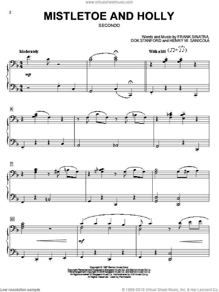 Mistletoe And Holly sheet music for piano four hands by Frank Sinatra, Dok Stanford and Henry W. Sanicola, intermediate skill level