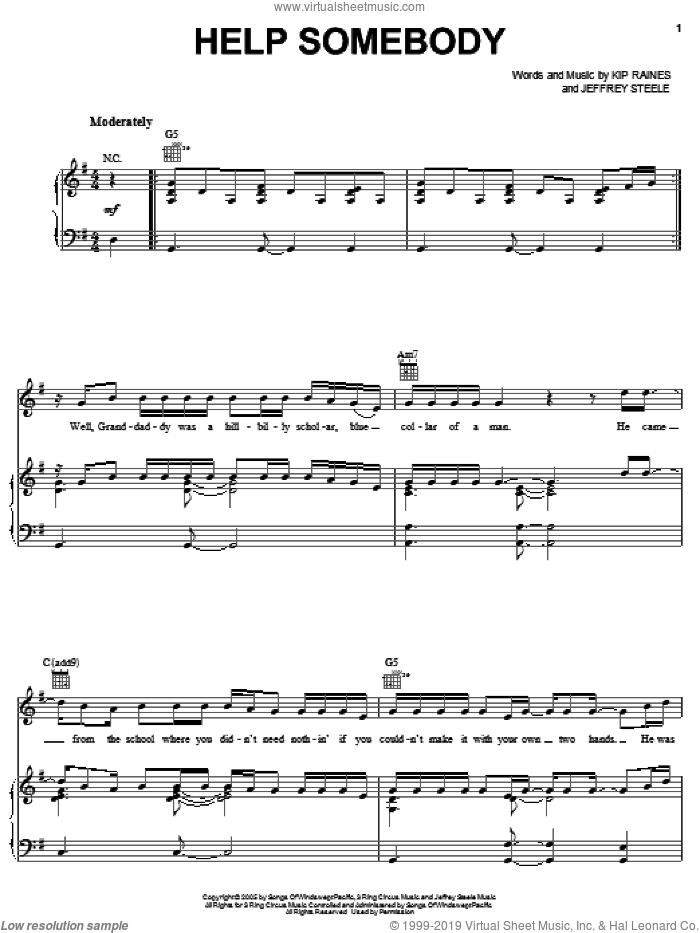 Help Somebody sheet music for voice, piano or guitar by Ronnie Van Zant, Jeffrey Steele and Kip Raines, intermediate skill level
