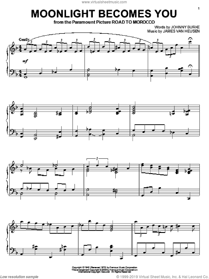 Moonlight Becomes You sheet music for piano solo by Bing Crosby, Jimmy van Heusen and John Burke, intermediate skill level
