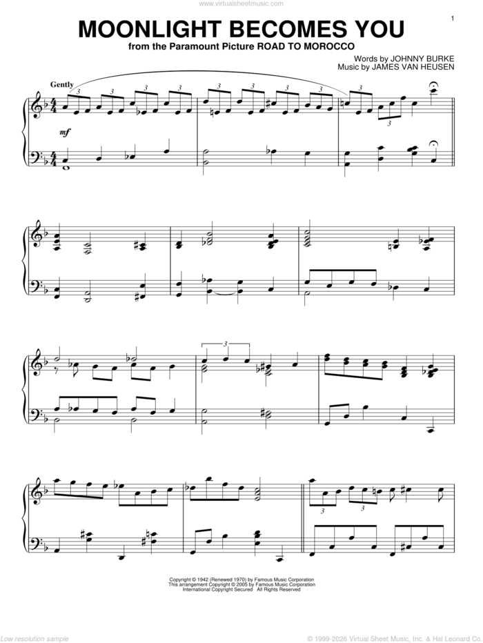 Moonlight Becomes You sheet music for piano solo by Bing Crosby, Jimmy van Heusen and John Burke, intermediate skill level