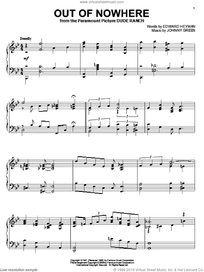 Out Of Nowhere sheet music for piano solo by Buddy DeFranco, Edward Heyman and Johnny Green, intermediate skill level