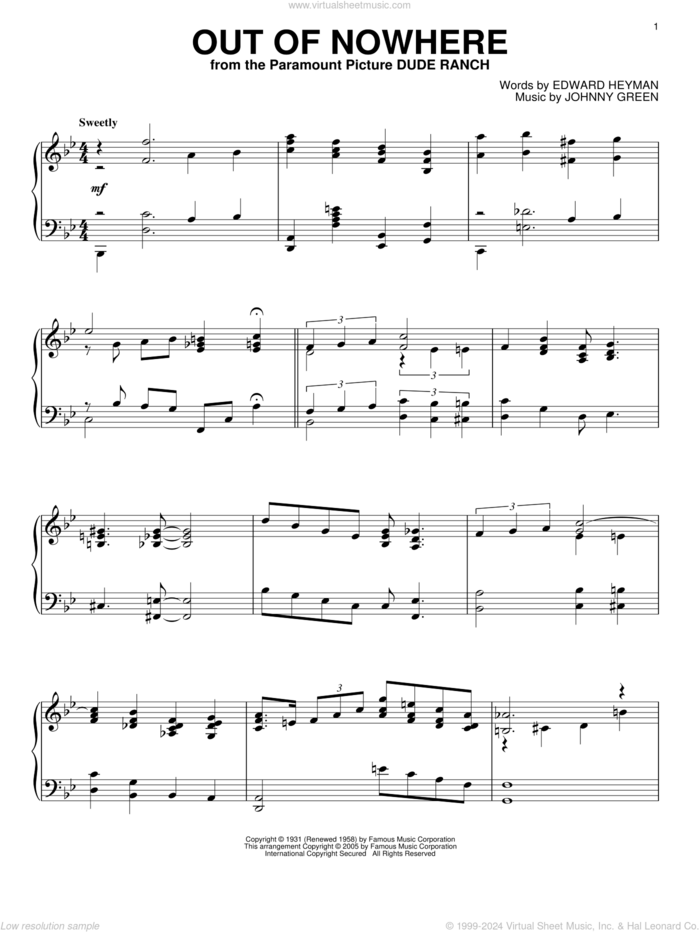 Out Of Nowhere sheet music for piano solo by Buddy DeFranco, Edward Heyman and Johnny Green, intermediate skill level