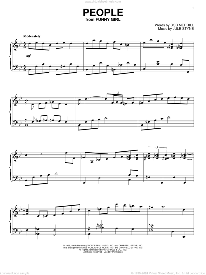 People, (intermediate) sheet music for piano solo by Barbra Streisand, Bob Merrill and Jule Styne, intermediate skill level