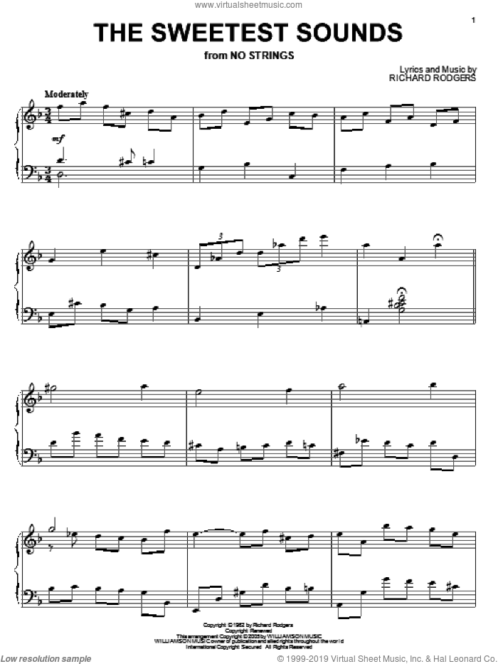 The Sweetest Sounds sheet music for piano solo by Richard Rodgers, wedding score, intermediate skill level