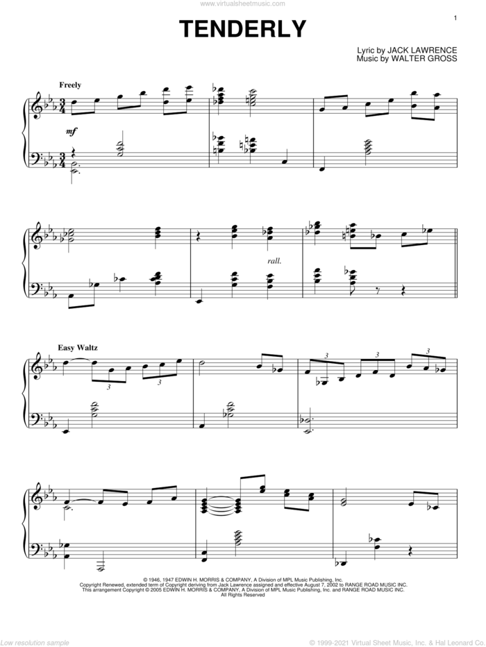 Tenderly sheet music for piano solo by Oscar Peterson, Billie Holiday, Chet Baker, Louis Armstrong, Nat King Cole, Rosemary Clooney, Sarah Vaughan, Jack Lawrence and Walter Gross, intermediate skill level