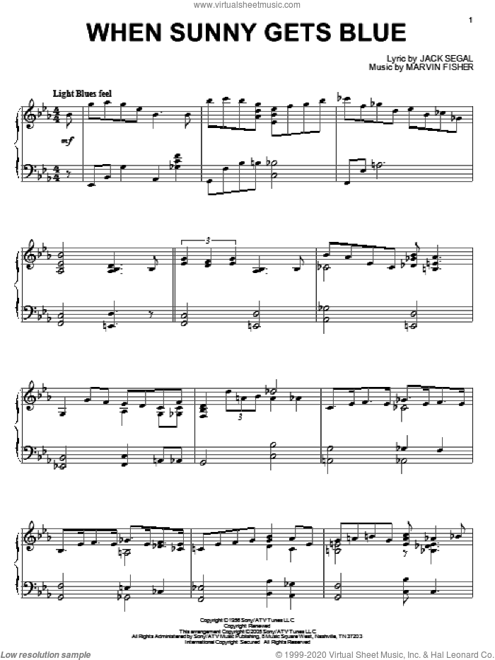When Sunny Gets Blue, (intermediate) sheet music for piano solo by Jack Segal and Marvin Fisher, intermediate skill level