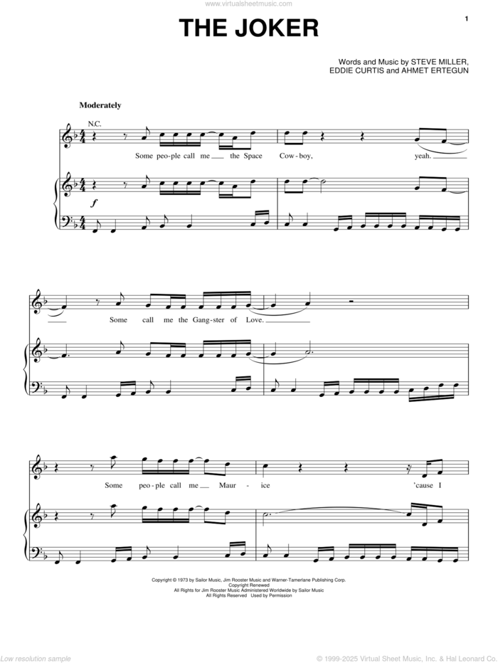 The Joker sheet music for voice, piano or guitar by Steve Miller Band, Ahmet Ertegun, Eddie Curtis and Steve Miller, intermediate skill level