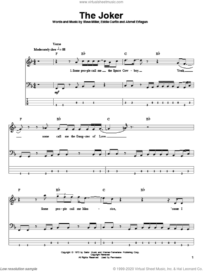 The Joker sheet music for bass (tablature) (bass guitar) by Steve Miller Band, Ahmet Ertegun, Eddie Curtis and Steve Miller, intermediate skill level