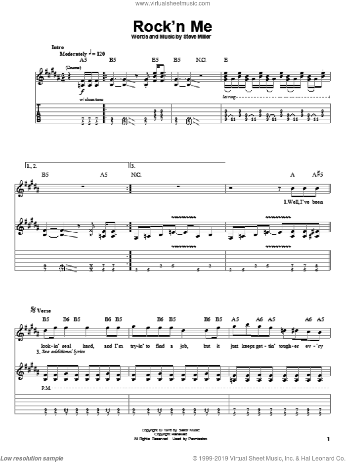 Rock'n Me sheet music for guitar (tablature, play-along) by Steve Miller Band and Steve Miller, intermediate skill level