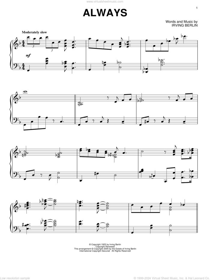 Always (arr. Phillip Keveren) sheet music for piano solo by Irving Berlin, Billie Holiday, Frank Sinatra, Patsy Cline and Willie Nelson, wedding score, intermediate skill level