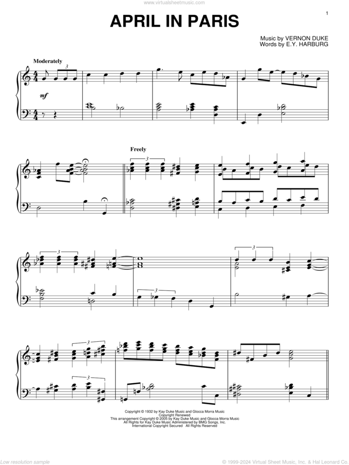 April In Paris sheet music for piano solo by Count Basie, Billie Holiday, Coleman Hawkins, Modernaires, E.Y. Harburg and Vernon Duke, intermediate skill level