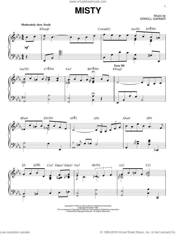 Misty, (intermediate) sheet music for piano solo by Erroll Garner, Johnny Mathis and John Burke, intermediate skill level