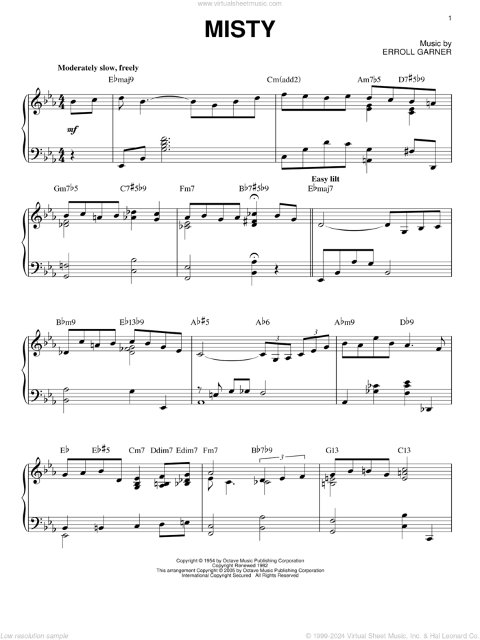 Misty, (intermediate) sheet music for piano solo by Erroll Garner, Johnny Mathis and John Burke, intermediate skill level