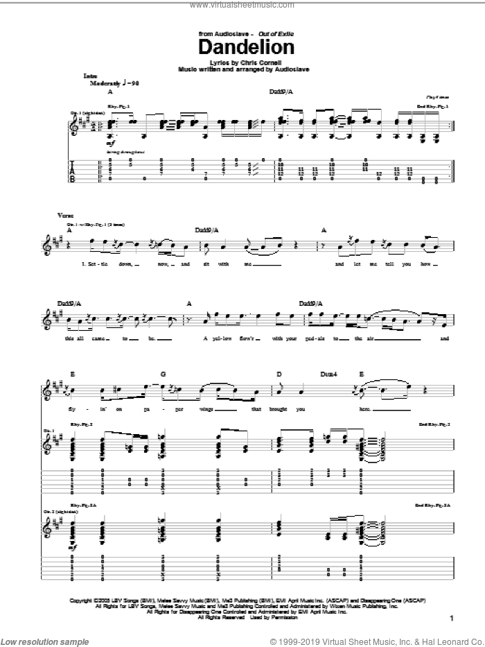Dandelion sheet music for guitar (tablature) by Audioslave and Chris Cornell, intermediate skill level