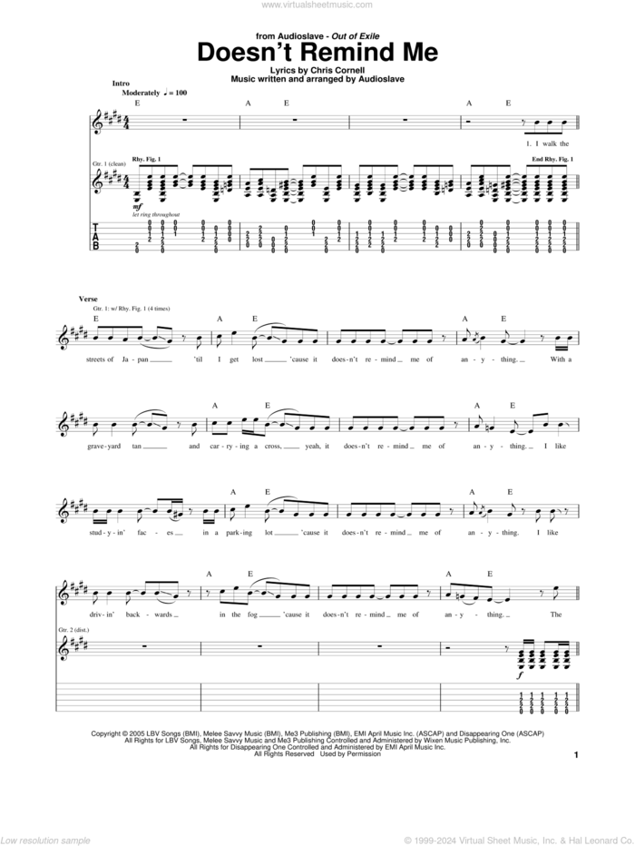 Doesn't Remind Me sheet music for guitar (tablature) by Audioslave and Chris Cornell, intermediate skill level